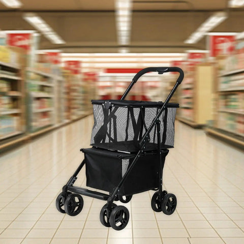 Heavy Duty Folding Utility Cart With Sweet Smooth Glide Swivel Wheels For No Sweat Hauling inside a grocery store aisle.