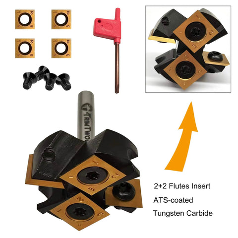 Slab Surfacing Router Bit With One Quarter Inch Shank And One And A Half Inch Cutting Diameter Two Plus Two Flutes ATS Coated Carbide Inserts