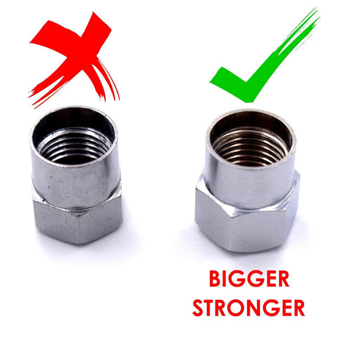 Comparison of two brass tire valve caps, highlighting the chrome flat top brass tire valve caps with rubber seal for cars SUVs bikes trucks and motorcycles