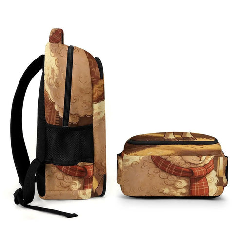 Side view of Scarf Sheep Printed Unisex Backpack With Large Capacity Everyday Daypack Built From Breathable Polyester Durable Zipper