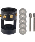 Tungsten Electrode Sharpener Grinder Head For TIG Welders With Cut Off Slot Multi Angle Offsets Horizontal Hole 4 Copper Screws 2 CNC Mandrels 5X 25mm Diamond Wheels Aluminum Body