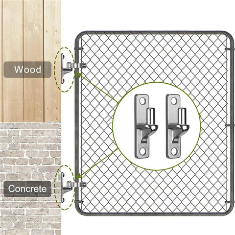 Badass Stainless Steel Gate Hinges 2 Pack Ultra Rigid Wall Mount For Wood And Concrete, shown on wood and concrete fence.