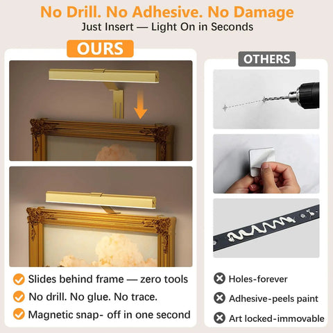 Dreamy Insert Picture Light Offering Straightforward Zero Drill Mounting And Smooth Magnetic Attachment For Hassle Free Wall Frame Illumination That Is An Absolute Game Changer illuminating a framed artwork.