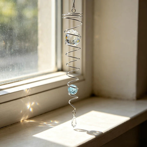 Spiral Tail Wind Spinner Gazing Ball For Indoor Outdoor Decor, 13 Inch Light Blue Crystal Glass Ball With Stainless Steel Frame, Hanging Swivel Hook, Durable Sparkle Ornament For Yard Or Patio That Pops, hanging on window