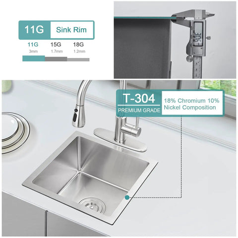 Undermount 18 Inch Bar And Prep Sink With Single Bowl, 18 Gauge T304 Stainless Steel, Quiet Sound Dampening, Rust And Corrosion Resistant Kitchen Sink With Strainer, Handmade Small Kitchen Sink For Bar Or Prep Areas, detailed view showing sink thickness and material composition.