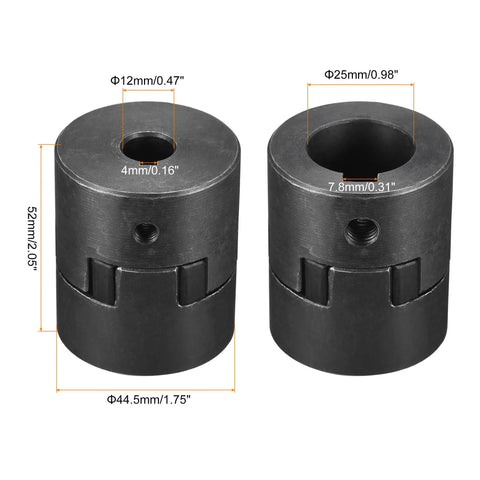 Flexible Coupling Shaft 12mm To 25mm Bore Motor Coupler Joint For Servo And Stepper Motors, 52mm Long, 44.5mm OD, 45 Steel, front view