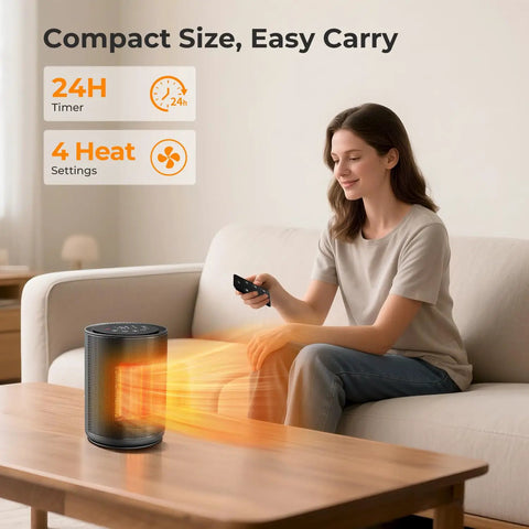 Fast Heat Desk Heater With Remote 1500W Ceramic PTC Tiny But Mighty Space Heater For Office Or Bedroom in use on a table