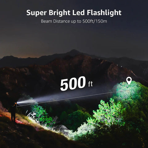 Ultra Bright LED Flashlight With Clip illuminating trees at night with a beam distance of 500 feet, perfect for camping.