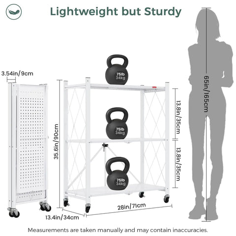 Three Tier Foldable Storage Shelves With Wheels No Assembly Rolling Cart For Kitchen Garage Basement And Pantry White Freestanding Metal Wire Rack To Tame Clutter And Move It Easily, 28x13.4x35.6 in