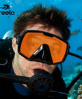 Close-up of a person wearing an Adult Snorkel Diving Mask With Nose Cover For Men Women Teens Anti Fog Waterproof 180° Clear Wide View Mirrored Orange Lenses Built For All Day Comfort And Scuba And Free Diving Goggles underwater