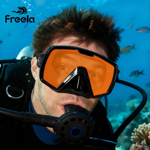 Close-up of a person wearing an Adult Snorkel Diving Mask With Nose Cover For Men Women Teens Anti Fog Waterproof 180° Clear Wide View Mirrored Orange Lenses Built For All Day Comfort And Scuba And Free Diving Goggles underwater