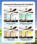Four images illustrating features of Chinese Antique Ceiling Fan with Light, 5-Blade Chandelier Fan showing airflow directions.