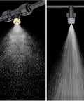 Outdoor Misting Kit With 98.4 Feet Of Brass Nozzle Line, sprays mist from brass nozzle and T connectors for patio cooling.
