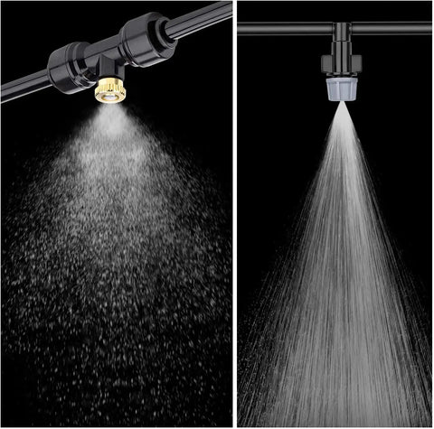 Outdoor Misting Kit With 98.4 Feet Of Brass Nozzle Line, sprays mist from brass nozzle and T connectors for patio cooling.