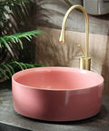 Top Shelf 15.7 Inch Round Pink Ceramic Vessel Bathroom Sink Over Counter Vanity Basin With Super Easy Pop Up Waste Kit.