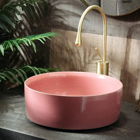 Top Shelf 15.7 Inch Round Pink Ceramic Vessel Bathroom Sink Over Counter Vanity Basin With Super Easy Pop Up Waste Kit.