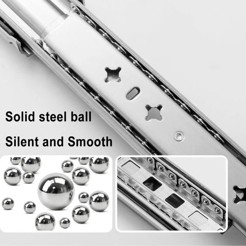 Close-up of solid steel ball bearing mechanism for Full Extension Ball Bearing Drawer Runners With Soft Close Cabinet Slides.