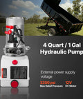 Heavy Duty Single Acting Hydraulic Power Unit Pump With 4 Qt Oil Reservoir And DC 12 Volt Motor generating 3200 psi max pressure and .91 gpm flow rate for dump trailers.