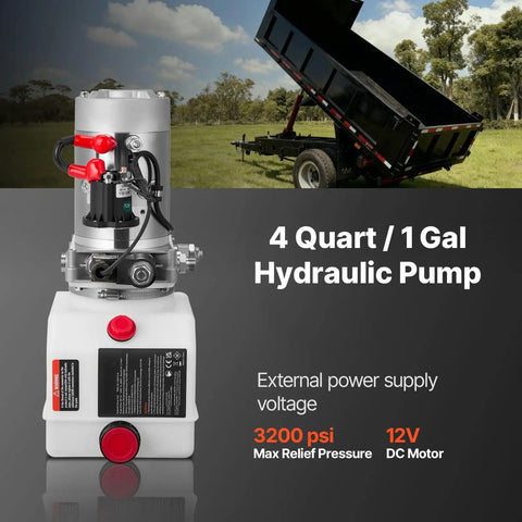 Heavy Duty Single Acting Hydraulic Power Unit Pump With 4 Qt Oil Reservoir And DC 12 Volt Motor generating 3200 psi max pressure and .91 gpm flow rate for dump trailers.