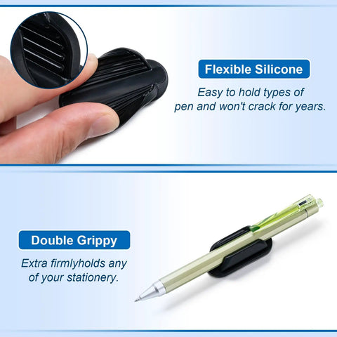 Close-up of black silicone adhesive pencil holder with pen, featuring product detail for 10 Pack Adhesive Pencil Holders For Desk And Wall Silicone Flexible Pen Organizer For Office School And Home Classroom Must Haves Teacher Supplies Art Desk Organizer Small Gift Black.