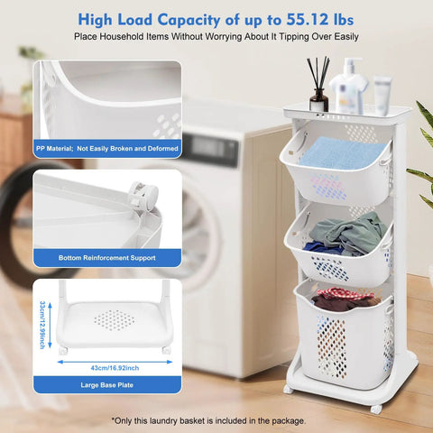 Three Tier Rolling Laundry Cart With Wheels For Bathroom And Bedroom, 360 Degree Spinner Laundry Organizer beside washing machine