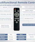 Multifunctional remote control for outdoor ceiling fan with light and remote, showing buttons and features IP65 waterproof, black color.