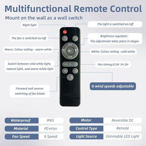 Multifunctional remote control for outdoor ceiling fan with light and remote, showing buttons and features IP65 waterproof, black color.