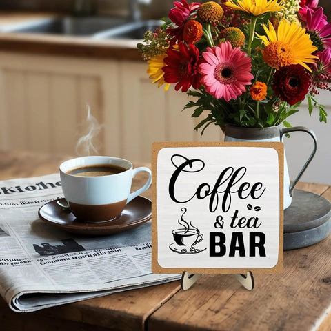 Rustic Coffee And Tea Bar Decor Sign Dope Wooden Plaque For Cafe Bar Or Coffee Station Or Shelf Farmhouse Kitchen Vibe And Tea Accessories For Home Or Office 5.9 By 5.9 Inches White And Brown displayed with flowers and coffee cup