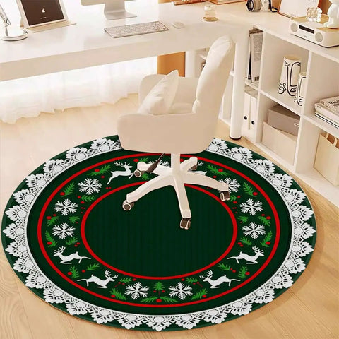 Heavy Duty Round Furniture Pad For Hardwood Floors With Tough As Nails Polyester Cover And Non Skid Base Built For Smooth Gliding Action Around Office Desks Gaming Rooms And Home Spaces under a white office chair.