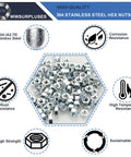 165-Piece SAE Hex Nut Kit In 304 Stainless Steel with corrosion and rust resistance features, hex nuts displayed