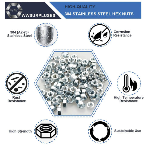 165-Piece SAE Hex Nut Kit In 304 Stainless Steel with corrosion and rust resistance features, hex nuts displayed