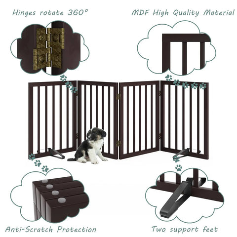 Freestanding Foldable 4 Panel Dog Gate Extra Wide For Indoor Doorways And Stairs 24 Inch Height With Support Feet Included Stylish MDF Pet Gate For Home Easy To Use And Tidy with close-ups of hinges, feet, and material details.