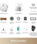 Ultra Smart Robot Vacuum And Mop with accessories including base station, brushes, mop pad, filter, pet odor solution, user manual.