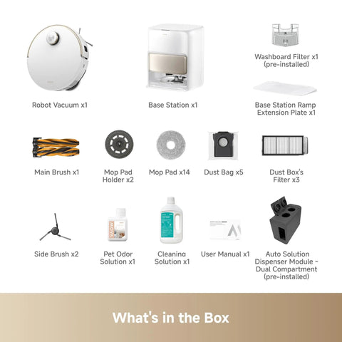 Ultra Smart Robot Vacuum And Mop with accessories including base station, brushes, mop pad, filter, pet odor solution, user manual.