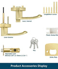 Six Pack Keyed Alike Entry Door Locks With Gold Door Handles, keys, screws, and strike plate in satin brass