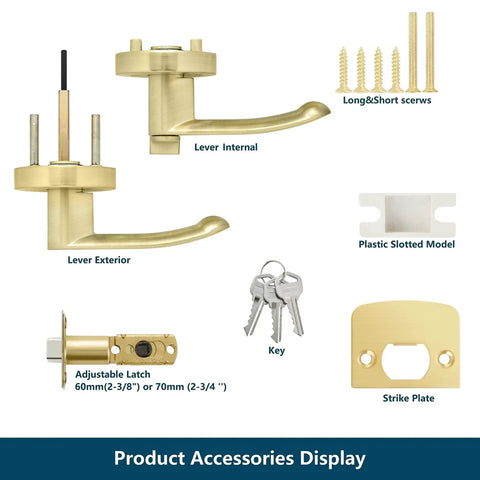 Six Pack Keyed Alike Entry Door Locks With Gold Door Handles, keys, screws, and strike plate in satin brass