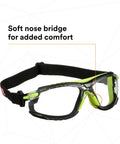 Solus 1000 Series Safety Glasses with Scotchgard No-Fog Coating, clear lenses, black elastic strap, green and black frame, soft nose bridge