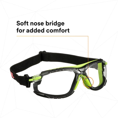 Solus 1000 Series Safety Glasses with Scotchgard No-Fog Coating, clear lenses, black elastic strap, green and black frame, soft nose bridge