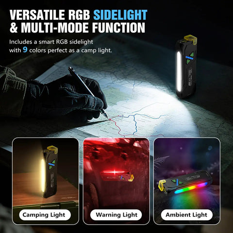 Compact EDC Flashlight With 1000 Lumens White LED UV RGB Modes, Yellow Diffuser, USB C Rechargeable, shown with different lighting modes.