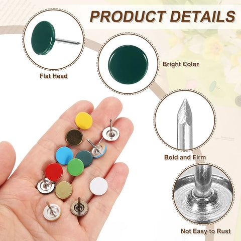 Kick Up Your Home Game With These Sick Green 11mm X 17mm Upholstery Tacks, flat head tacks in various colors displayed in a hand.