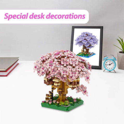Totally Pink Cherry Blossom Tree Building Set 1113 Pieces For Adults And Kids Sakura Tree House Mini Blocks Kit on desk