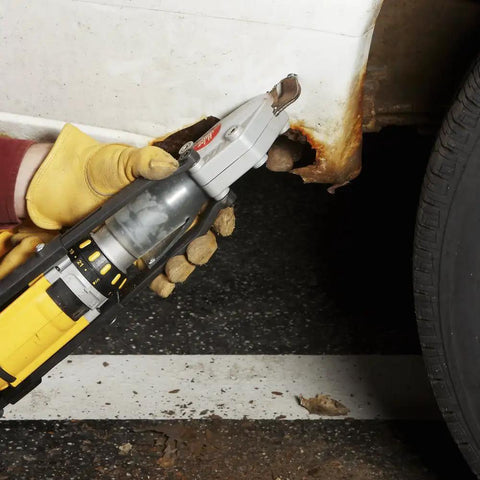 Turbo Shear Drill Attachment For 18 Gauge Automotive Metal Cutting Fits Cordless Drills in use on vehicle panel