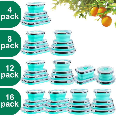 Eight Pack Collapsible Food Storage Containers With Lids, Silicone Travel Bowls, stackable, blue sets displayed with fruit tree.