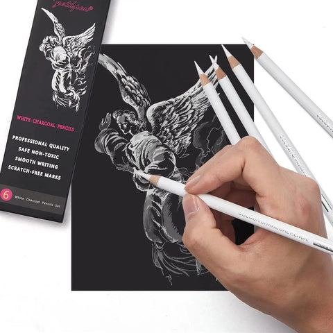 Person using White Charcoal Pencil Set Six Pack For Dark Paper Highlights And Sketching Pro Grade Blendable Pencils on black paper.
