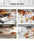 Autumn Maple Leaves Dish Drying Mat Set 18 By 24 Inches Wood Grain Look with fall leaves design in kitchen setting
