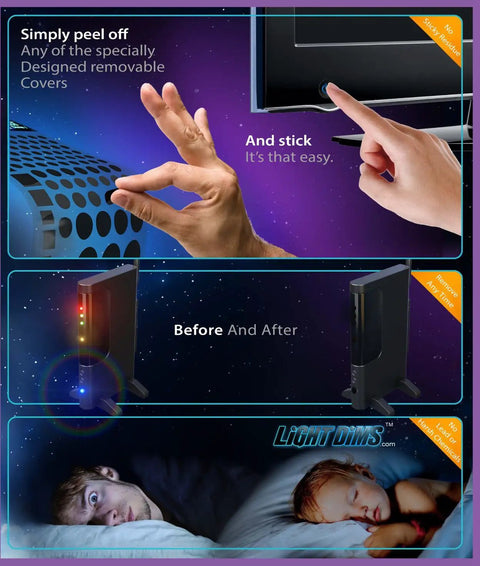 Application of Maximum Light Dimming Shapes For Routers And Electronics Blocks 100 Percent Of Light With Self Adhering Black Out Edition