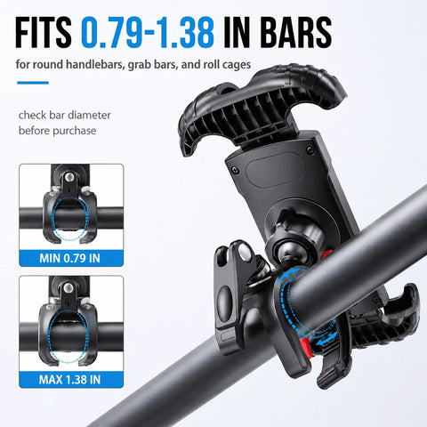 Close-up of Heavy Duty UTV Phone Mount Designed For Gator Xuv845r Models fitting 0.79-1.38 in bars for secure holding.