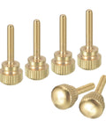 Top Shelf Brass Knurled Thumb Screws M3 X 16mm With Smooth Shoulder Grip Fasteners, six gold brass fasteners in various angles.