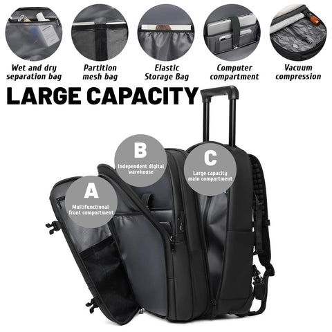 Front view of a 21-inch black rolling carry-on luggage with three compartments and a retractable handle.