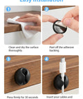 Step-by-step installation of Six Pack Black Cord Organizer Clips For Cables And Chargers on a wooden surface.